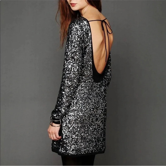 Free People Black Sequin Dress long sleeve backless medium - Picture 1 of 8